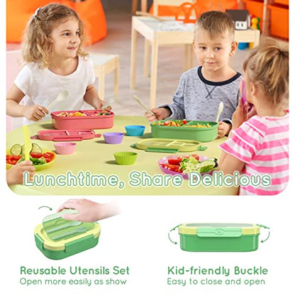 Bento Lunch Box Leakproof 44oz Kids Lunch Box Containers with 4 Compartment, Bento-Style Lunch Bento Box with Cutlery, Reusable Kid Back to School Meal/Snack Packing BPA Free (Green) - color: Green