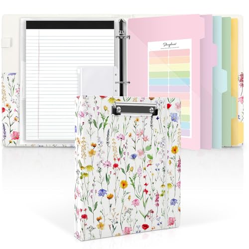 SKYDUE 1 Inch 3-Ring Binder with Clipboard, PU Binder with 5 Dividers, Notepad, Stickers & Pockets for Work and School - Aesthetic Binder (Letter Size) - color: Floral White