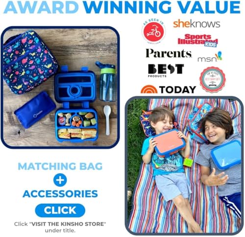 kinsho Kids Lunch Box - Bento Box for Boys Toddler Daycare, 4 Portion Sections with Lid, Snack Container Pre-School Kid Lunches Toddlers Removable Tray BPA Free, 3+ Years Old, Blue Rocket Dinosaur - color: Blue Rocket Dinosaur Bento