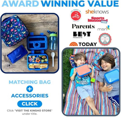 kinsho Kids Lunch Box - Bento Box for Boys Toddler Daycare, 4 Portion Sections with Lid, Snack Container Pre-School Kid Lunches Toddlers Removable Tray BPA Free, 3+ Years Old, Blue Rocket Dinosaur - color: Blue Rocket Dinosaur Bento