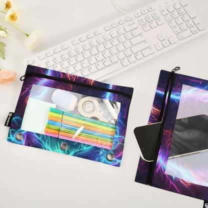 Neon Wolf Galaxy Wolves Pencil Pouch for 3 Ring Binder 2 Pack Zipper Binder Pencil Bag with Clear Window Pencil Case for Office Supplies - color: Multi71
