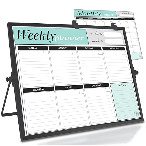 Weekly Dry Erase Board Black Frame, Desktop Calendar White Board with Weekly & Monthly Planners 12x16 inch, Magnetic to Do List with Stand, 6 Markers and Eraser. Whiteboard for Home and Office Desk - color: Black Planner, size: 12x16