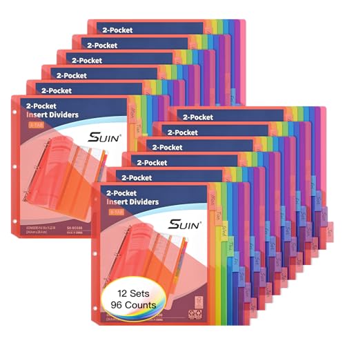SUIN 8-Tab Insertable Binder Dividers with Double Pockets - Translucent Plastic Page Separators for 3 Ring Binder, Front & Back Storage, Durable Poly, Letter Size, Rainbow Colors, 12-Pack - size: 12