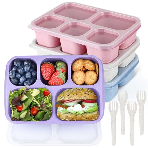 MaMix Bento Box Adult Lunch Box, 5 Compartment Snack Box for Adults 4 Pack, Reusable Stackable Snack Containers for Kids Adults with Utensils, for School, Work, and Travel (Wheat)