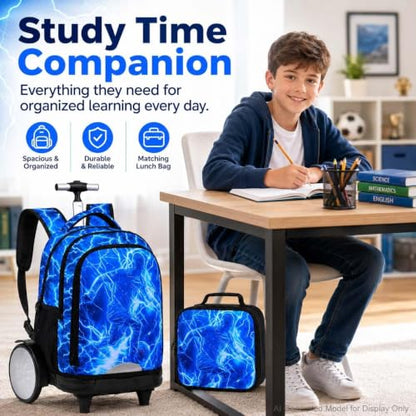 3Pcs Large Rolling Backpack for Boys, 20 Inch Detachable Wheeled Bookbag with Lunch Box, Durable Lightning Soccer Roller Backpack for Elementary Middle School (Blue) - color: Large Wheels Soccer Blue