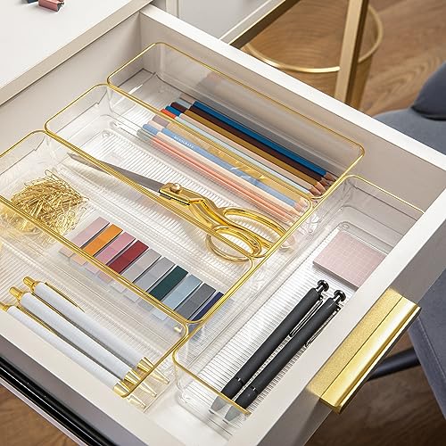 Martha Stewart Kerry Plastic Stackable Office Desk Drawer Organizers, 12" x 3", 6 Pack, with Gold Trim - size: 12" x 3"