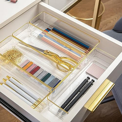 Martha Stewart Kerry Plastic Stackable Office Desk Drawer Organizers, 12" x 3", 6 Pack, with Gold Trim - size: 12" x 3"