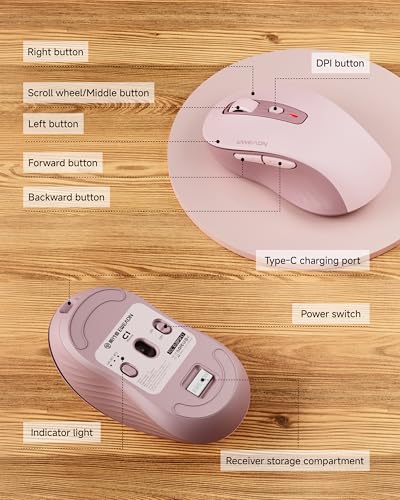 EWEAND Wireless Mouse - for Small to Medium Hands, Dual-Mode 2.4 G/Bluetooth Mouse, 4000 DPI, Rechargeable Battery, Cute Silent Click Computer Mouse for Laptop, Mac, PC, Chromebook - Pink - color: Light Pink