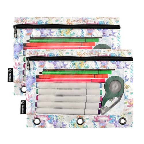 Cute Axolotl Pencil Pouch for 3 Ring Binder, Binder Pencil Pouches with Clear Window Zipper Pencil Case for Office College Supplies, 2PCS (B0301) - color: B0301