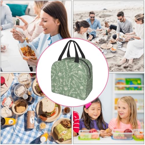 Nerxy Sage Green Insulated Lunch Bag Botanical Reusable Lunch Box for Kids Teens Herbs Plants Container Cooler Toddler Tote Bags for Women Men Picnic Travel Work Office - color: Green Botanical