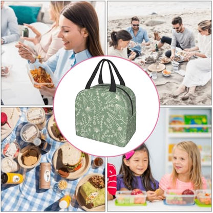 Nerxy Sage Green Insulated Lunch Bag Botanical Reusable Lunch Box for Kids Teens Herbs Plants Container Cooler Toddler Tote Bags for Women Men Picnic Travel Work Office - color: Green Botanical