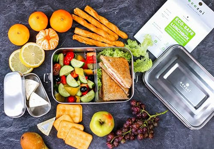ecozoi Stainless Steel Bento Lunch Box, 50 Oz | 2-compartment Lunch Box with Removable Divider and Bonus Mini Sauce Pod | Leak Proof and Eco Friendly Storage Container for School, Work, and College - size: 2 Compartment 50 Oz