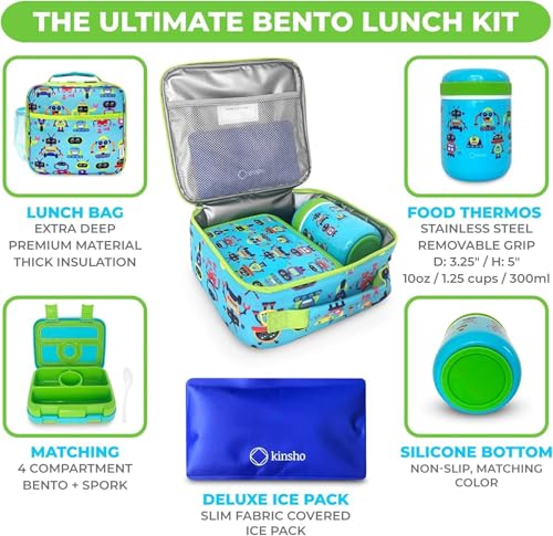 Bento Lunch Box for Kids with Thermo for Hot Food Soup, Insulated Lunch Bag and Ice Cold Pack Set, Stainless Steel Lunch Thermal, Container Boxes with 4 Compartments, Green Robot - color: Robot Set