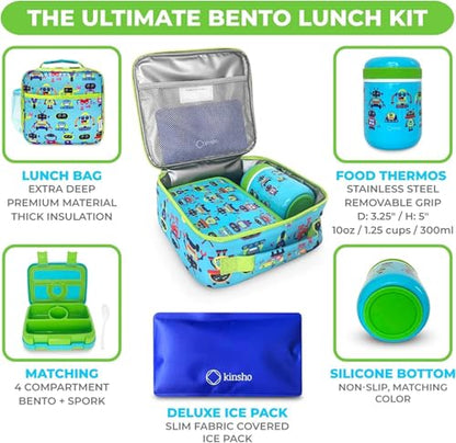 Bento Lunch Box for Kids with Thermo for Hot Food Soup, Insulated Lunch Bag and Ice Cold Pack Set, Stainless Steel Lunch Thermal, Container Boxes with 4 Compartments, Green Robot - color: Robot Set