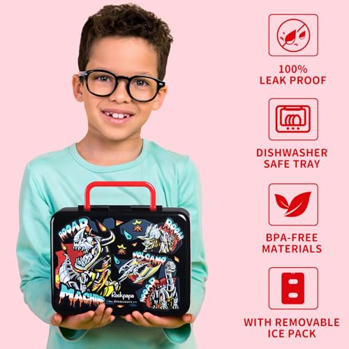 rockpapa Chill Bento Box for Kids- Large 5.5 Cups Lunch Box with Ice Pack - 5 Compartments, BPA-Free, Leak Proof, with Utensils & Portable Handle, Microwave/Dishwasher Safe (Black Dinosaur) - color: Black Dinosaur