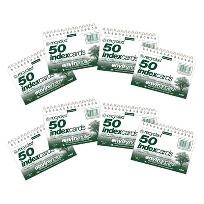 Roaring Spring Recycled 3"x5" Index Cards, Spiral Wire bound, 8-Pack, 50 Count, Heavy 100lb White Paper, Narrow Ruled, Perforated, Blank on Back, Snag-proof