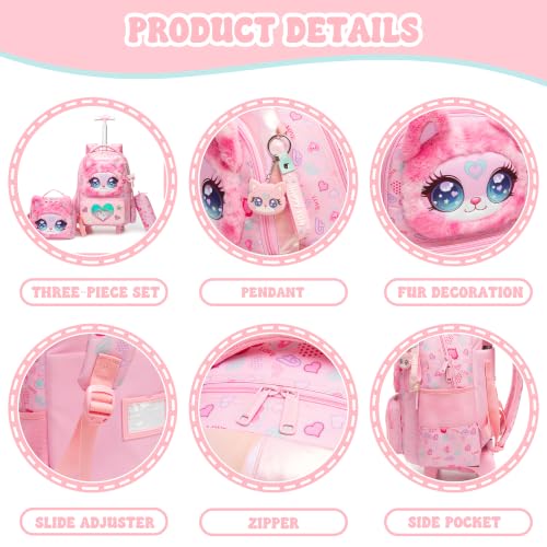 Girls Rolling Backpack for Kids with Wheels,Cute 3D Kids Rolling Backpack for School,Lightweight Kids Luggage for 6-8,Large Capacity BookBag with Wheels & Telescopic Handle - color: 3d Plush Cute Pink