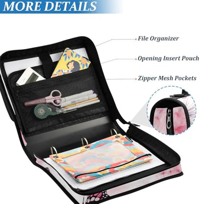 Pink Dandelion and Butterfly Zipper Binder 3 Ring 1.5 Inch School Binder Organizer with Shoulder Strap Handle File Folder Pockets Large Capacity Students Girl Boy Men Office Work - color: Pink Dandelion and Butterfly