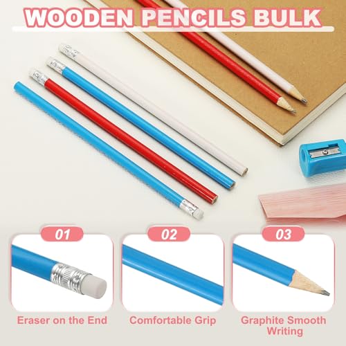 PATIKIL Round Wooden Pencils Bulk, 24 Pack HB Graphite Pencils with Eraser for Office Supplies, Engineering Marking Writing Art Drawing Supplies, Blue - color: Blue