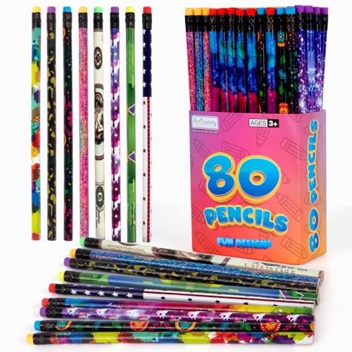 ArtCreativity Wooden Pencils for Kids With Eraser - 80 Count Assorted Number 2 Pencils, Fun Designs School Supplies - Bulk for Classroom - Great Party Favors