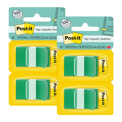 Post-it Flags, 50/Dispenser, 2 Dispensers/Pack, 1 in Wide, Green (680-GN2) (Pack of 2) - color: Green, size: 100 Count (Pack of 2)