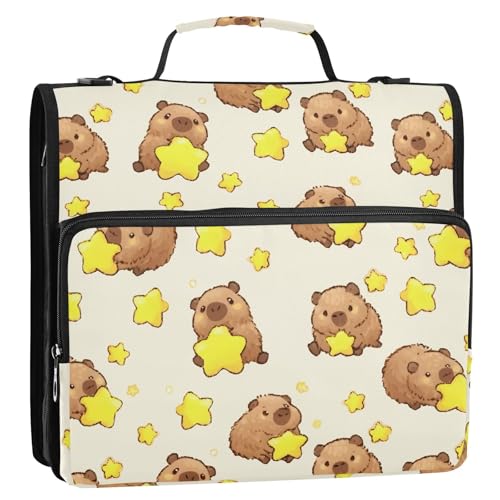 3 Ring Zipper Binder Capybara Yellow Stars Binders Bag with Shoulder Strap 500 Sheets Paper Organizer Trapper Keeper Documents Storage File Folder for School Office - color: A858