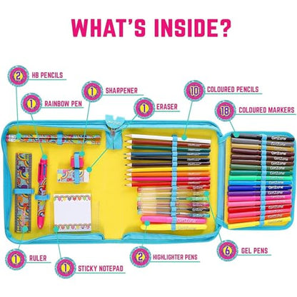 GirlZone 43-Piece Rainbow Filled Pencil Case with Supplies - Ages 7+ - Art Kit, Marker Binder & Stationery Set for Kids