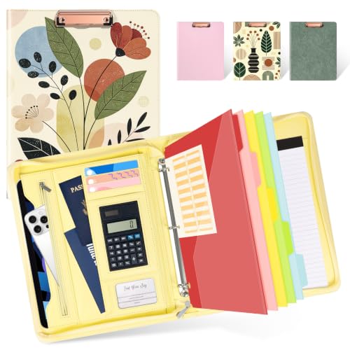 Ospelelf Vintage Leather Portfolio Binder 3 Ring, Zippered Clipboard Folder with Storage - 5 Dividers with Pocket, Padfolio for Women,12.1” Tablet Sleeve, Refillable Notepad, Card Slot - color: Vintage Floral