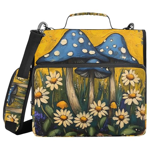 Mushrooms and Wildflowers Zipper Binder with Shoulder Strap, 500 Sheets Capacity, Multiple Pockets 1.5Inch 3 Ring Zipper Binder - color: Mushrooms and Wildflowers