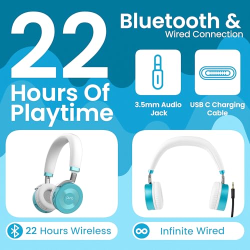 Puro Sound Labs JuniorJam Plus Volume-Limiting Wireless Bluetooth Headphones for Kids, Secure Audio with Adjustable On-Ear Design, 22-Hour Battery Life, Ideal for Tablets, Smartphones & PCs - Teal - color: Teal