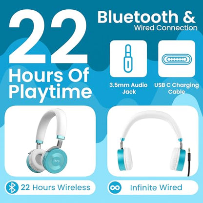 Puro Sound Labs JuniorJam Plus Volume-Limiting Wireless Bluetooth Headphones for Kids, Secure Audio with Adjustable On-Ear Design, 22-Hour Battery Life, Ideal for Tablets, Smartphones & PCs - Teal - color: Teal