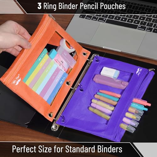 Mr. Pen- Pencil Pouch for 3 Ring Binder, 2 Pack, 10"x6.75", Smooth Zipper | Clear Window, Large Capacity Pencil Case with 3 Reinforced Grommets for School, Office, Supplies Storage | Clear Window, Large Capacity Pencil Case with 3 Reinforced Grommets for