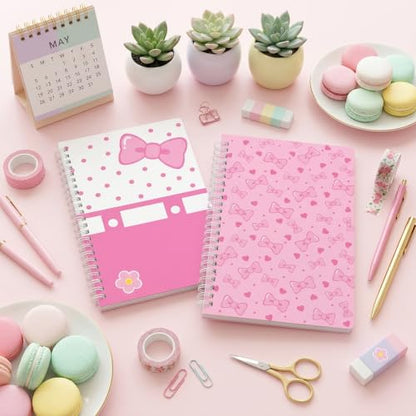 Hello Pink Cat Spiral Notebooks - 2 Pack Cute Pink Bow Design A5 College Ruled Journal with 50 Sheets 100 Pages, Office Travel Back to School Supplies Birthday Gift for Kids (Bow Kitten)