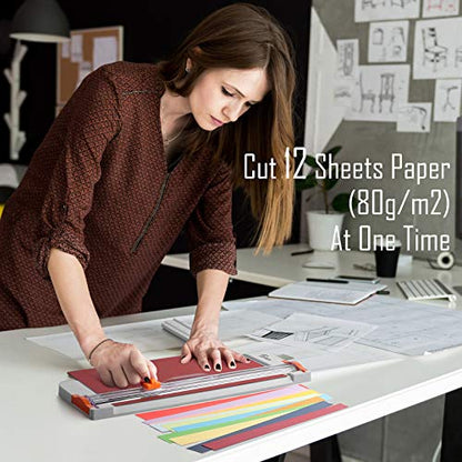 Firbon A4 Paper Cutter, 12 Inch Paper Trimmer with Extened Ruler, White | 12 Sheet Capacity | CM & Inch Scale | Spring-Loaded Safe Blade | Cuts Cardstock, Vinyl, Coupons, Labels & Scrapbooking Crafts - color: White