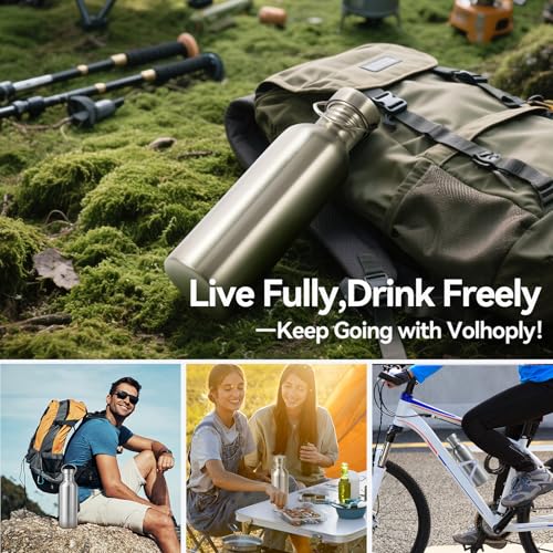 Volhoply 26oz Uninsulated Single Walled Water Bottle 4 Pack, Stainless Steel Reusable Water Bottles with Handle, BPA Free & Plastic Free 18/8 304 Metal Water Bottles for Camping, Hikers, Cyclists - size: 26 Ounces