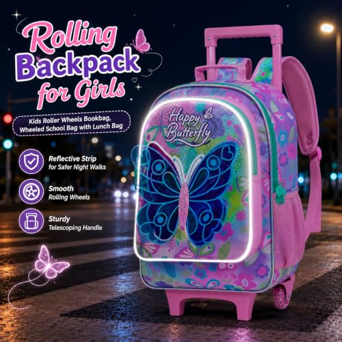 CCJPX 3Pcs Butterfly Rolling Backpack for Girls, 18" Kids Wheeled Bookbag with Lunch Box, Lightweight Roller School Bag for Elementary Preschool (Pink) - color: Pink Butterfly(with Sequins)