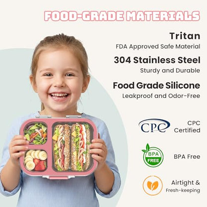 LOHASOK Kids Stainless Steel Lunch Bento Box BPA-Free Leak-Proof Tritan Lid 304 Metal Food Container with 3 Compartments for Girls Boys School,Pink - color: Pink, size: 27oz/800ml
