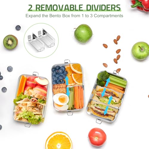 TeamFar Stainless Steel Bento Box, 28oz/850ML Small Metal Lunch Box | Lunch Container for Adults / Kids, for Home/School/Office/Travel, With 2 Removable Dividers, Leak-Proof & Dishwasher Safe - size: 850ML