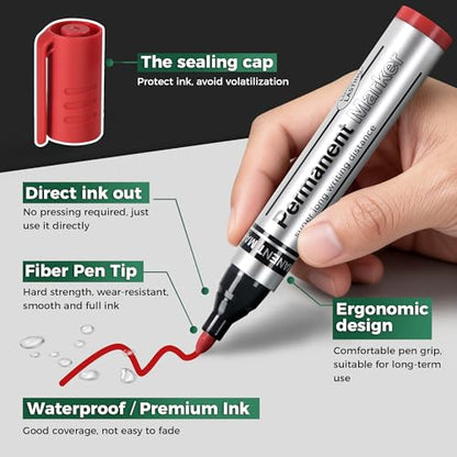 SELEAD Large Permanent Markers Black Red Blue Green - 12 Pack Fine Tip Waterproof Quick Drying Pens Set for Home Office Industrial Warehouse School Supplies