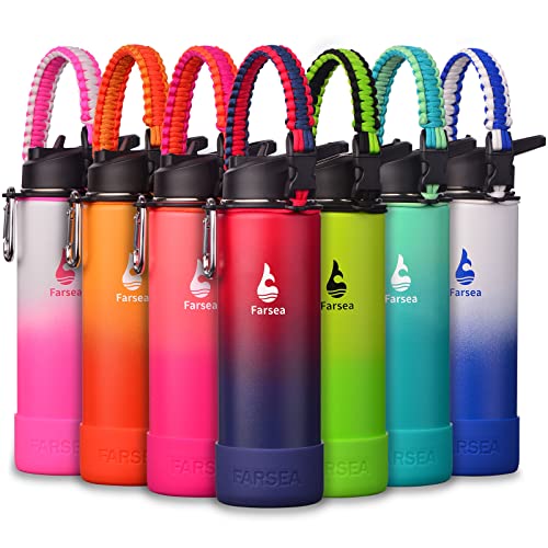 Farsea Insulated Water Bottle With Paracord Handle, Protective Silicone Boot and 2 Lids (Straw Lid & Spout Lid), Stainless Steel Water Bottle Wide Mouth, Double Wall Sweat-Proof BPA-Free, 24 oz - color: Red/Navy, size: 24 Ounces