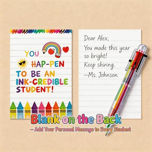 End of Year Student Gifts from Teacher Set of 28, Includes 6 in 1 Multicolor Ballpoint Pen with Gift Cards, End of the Year Gifts for Students Bulk for Students Classroom Party Favors