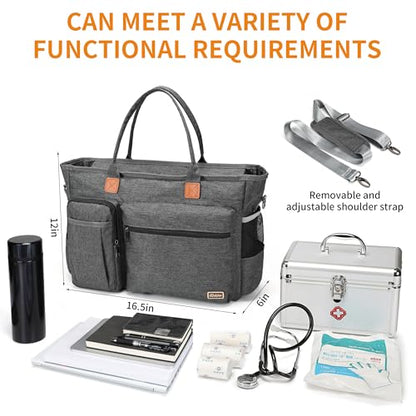 Rabjen Nurse Tote Bag for Work with Padded 15.6” Laptop Sleeve, Medical Supplies Shoulder Bag for Home Health Care - color: Dark Grey