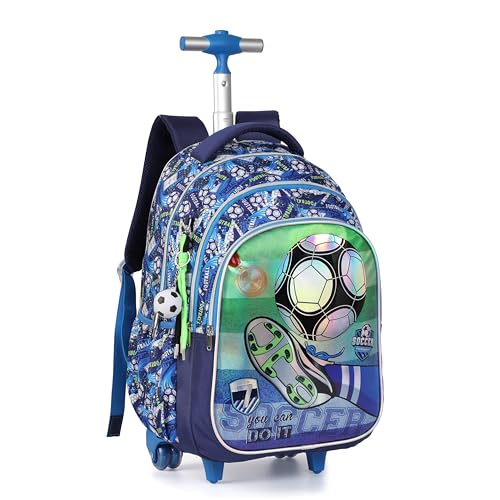 Cartoon Rolling Backpack for Boys Girls, Kids 5 Pcs Wheeled Backpack, Travel Backpack for Elementary Students (Football Blue) - color: Football Blue