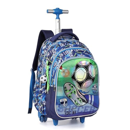 Cartoon Rolling Backpack for Boys Girls, Kids 5 Pcs Wheeled Backpack, Travel Backpack for Elementary Students (Football Blue) - color: Football Blue