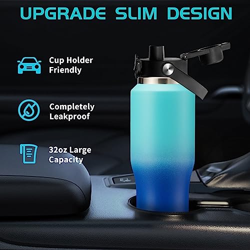 32 OZ Stainless-steel Insulated Water Bottles - Cold 48H & Hot 24H, Leak-Proof Metal Water Flask with Sleeve, Protective Boot, BPA Free Vacuum Insulated 32 Oz Water Bottle Fits In Cup Holder - color: Mint&Cobalt, size: 32 Ounces