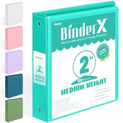 BinderX Extra Durable 3 Ring Binder, Round Ring 2 Inch Binders, Fits 450 Sheets of 8.5x11 Paper, Customizable View Cover with Inside Pockets, Cute 2" Binder, School Supplies for Girls, Aqua Blue - color: Aqua Blue, size: 2 inch