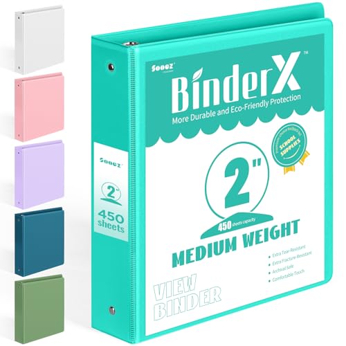 BinderX Extra Durable 3 Ring Binder, Round Ring 2 Inch Binders, Fits 450 Sheets of 8.5x11 Paper, Customizable View Cover with Inside Pockets, Cute 2" Binder, School Supplies for Girls, Aqua Blue - color: Aqua Blue, size: 2 inch