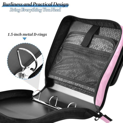 Black and Pink Stripes Zipper Binder with Shoulder Strap Bag 3 Ring Binder Organizer Large Capacity Multiple Compartments for School Office
