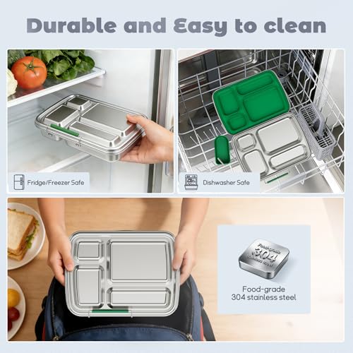 Stainless Steel Bento Box for Kids, Kids Lunch Box with 4-Compartment, Metal Lunch Box with Silicone Container & Sauce Cup, Durable Lunch Box Containers for School and Office(Green) - color: Green