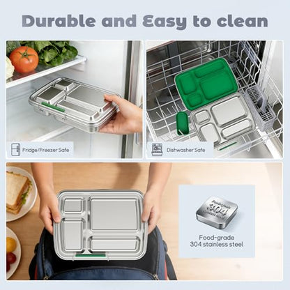 Stainless Steel Bento Box for Kids, Kids Lunch Box with 4-Compartment, Metal Lunch Box with Silicone Container & Sauce Cup, Durable Lunch Box Containers for School and Office(Green) - color: Green